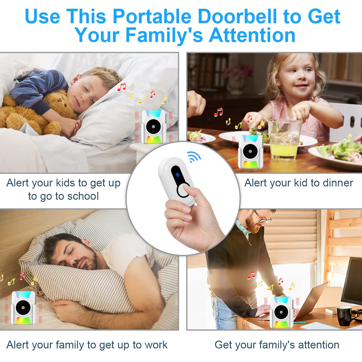 Daytech Wireless Doorbell Battery Operated Vibrating LED Flashing for Home Hearing Impaired Doorbell chime Kit,Battery Powered 4 Working Modes 5 Volume Level