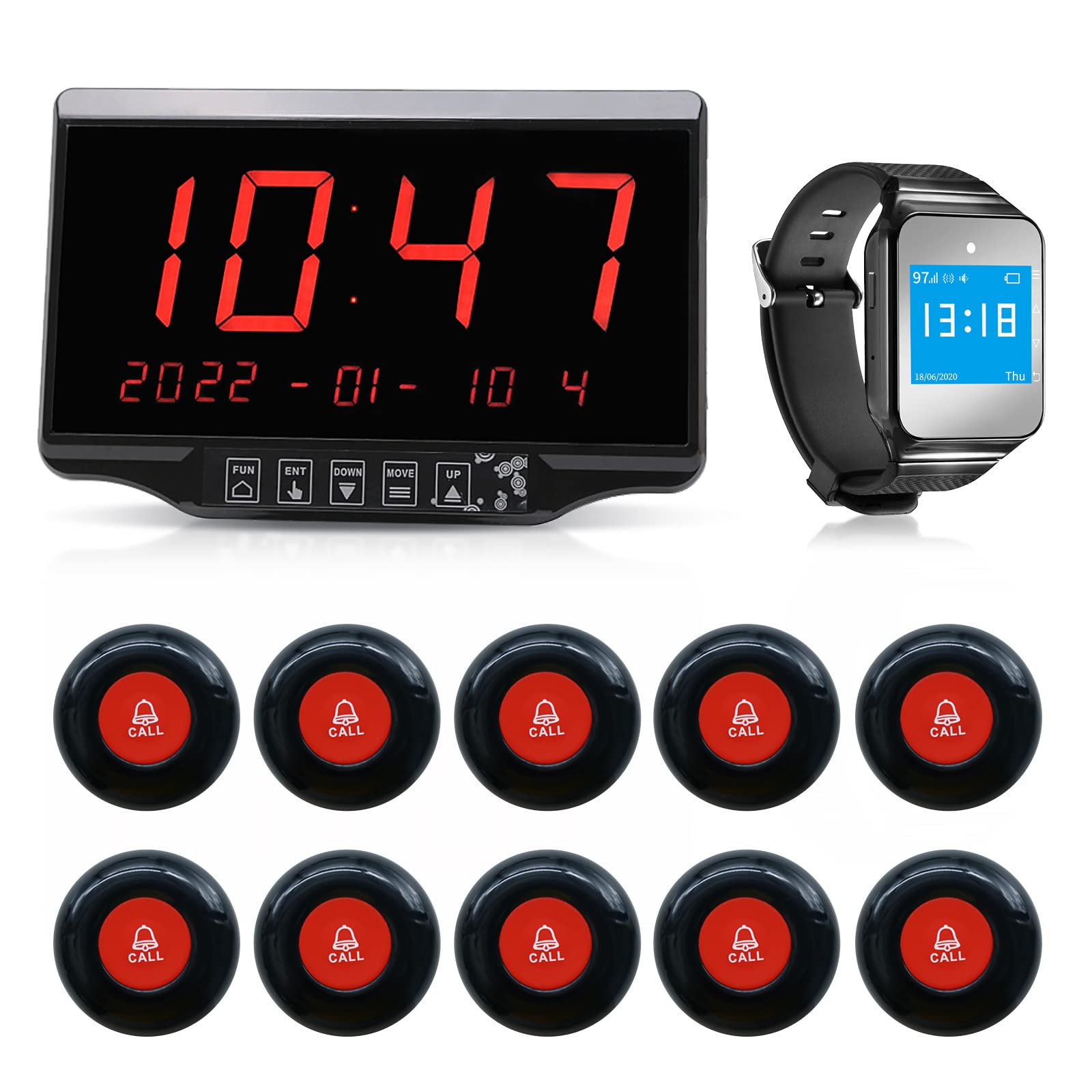 Daytech Restaurant Pager System Wireless Calling System for Customers Restaurant Clinic Waiter Nurse Service System with 1 Display Receiver 1 Watch Receiver and 10 Waterproof Call Buttons