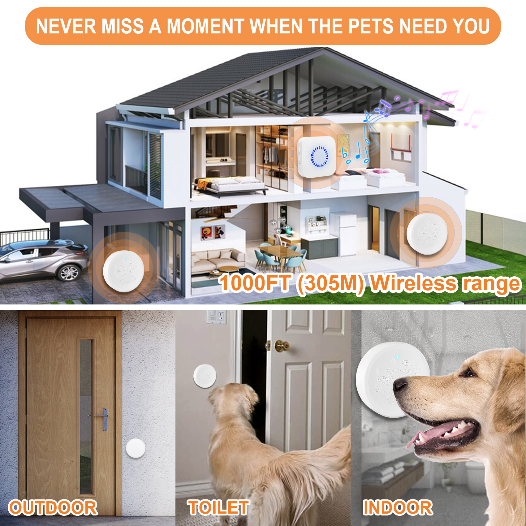 New wireless kinetic Waterproof Pet Training Bell dog doorbell with ac receiver wireless dog doorbell