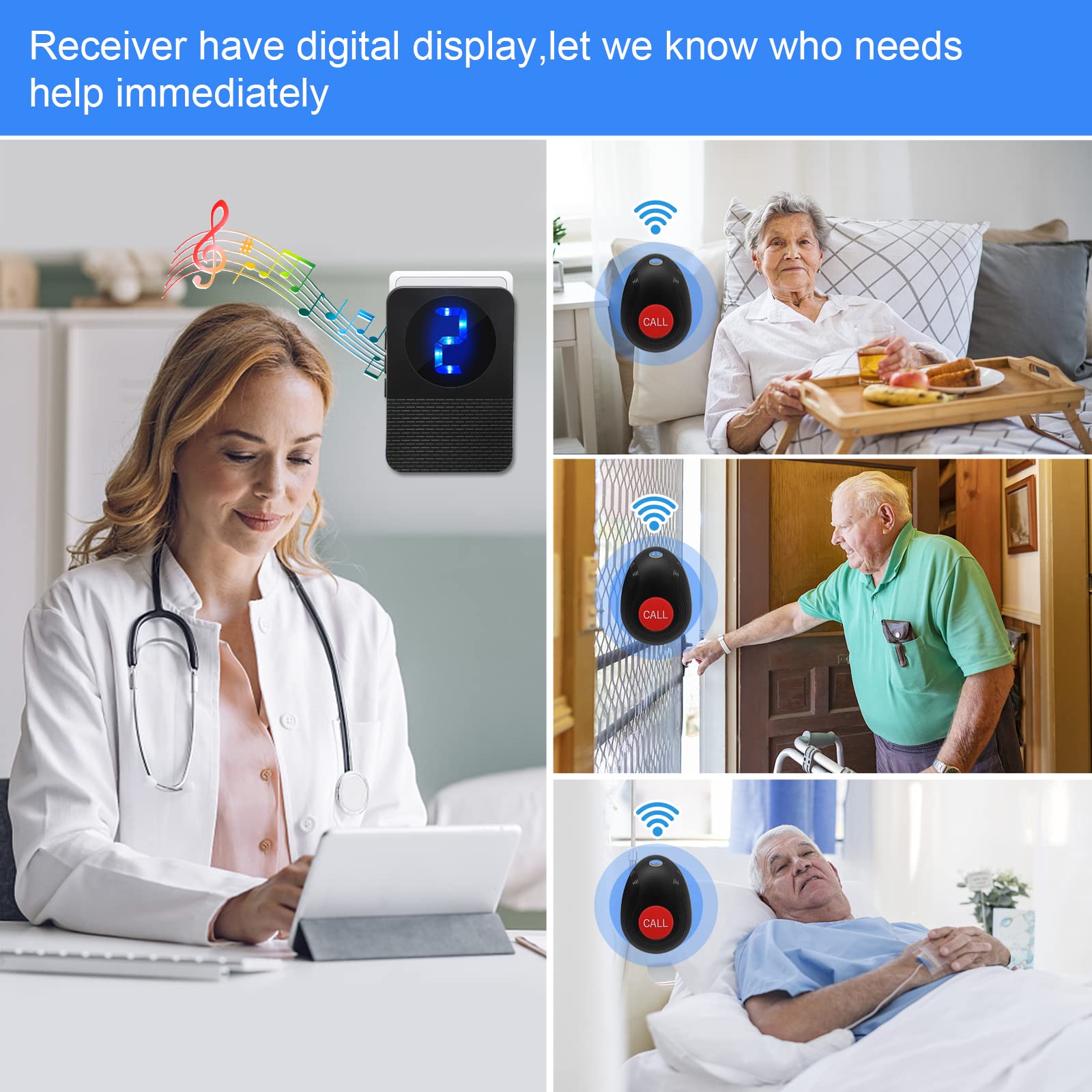 Daytech Home Elderly Wireless Caregiver Pager LED Nurse Alert System ...