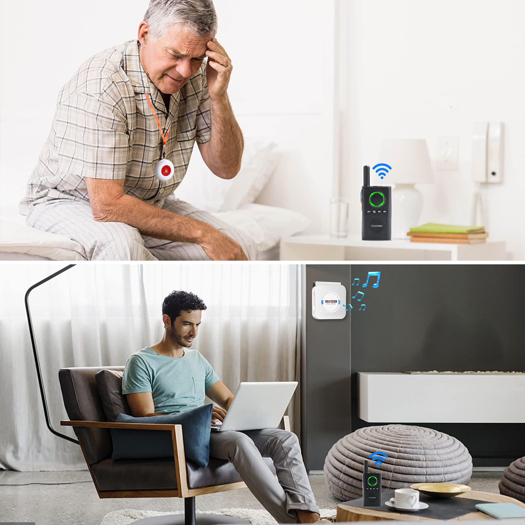 Daytech Caregiver Pager Wireless Alert Button Home Intercom System Long Range 2 Way Radio for Elderly/Patient/Pregnant/Home/Office